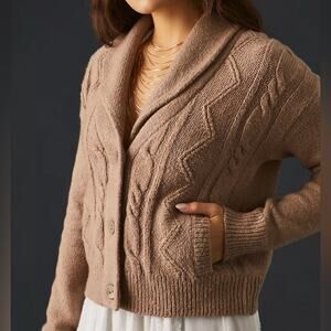 Anthropologie Pilcro Cable Knit Shawl Collar Button Cardigan Sweater Tan Sz XL
